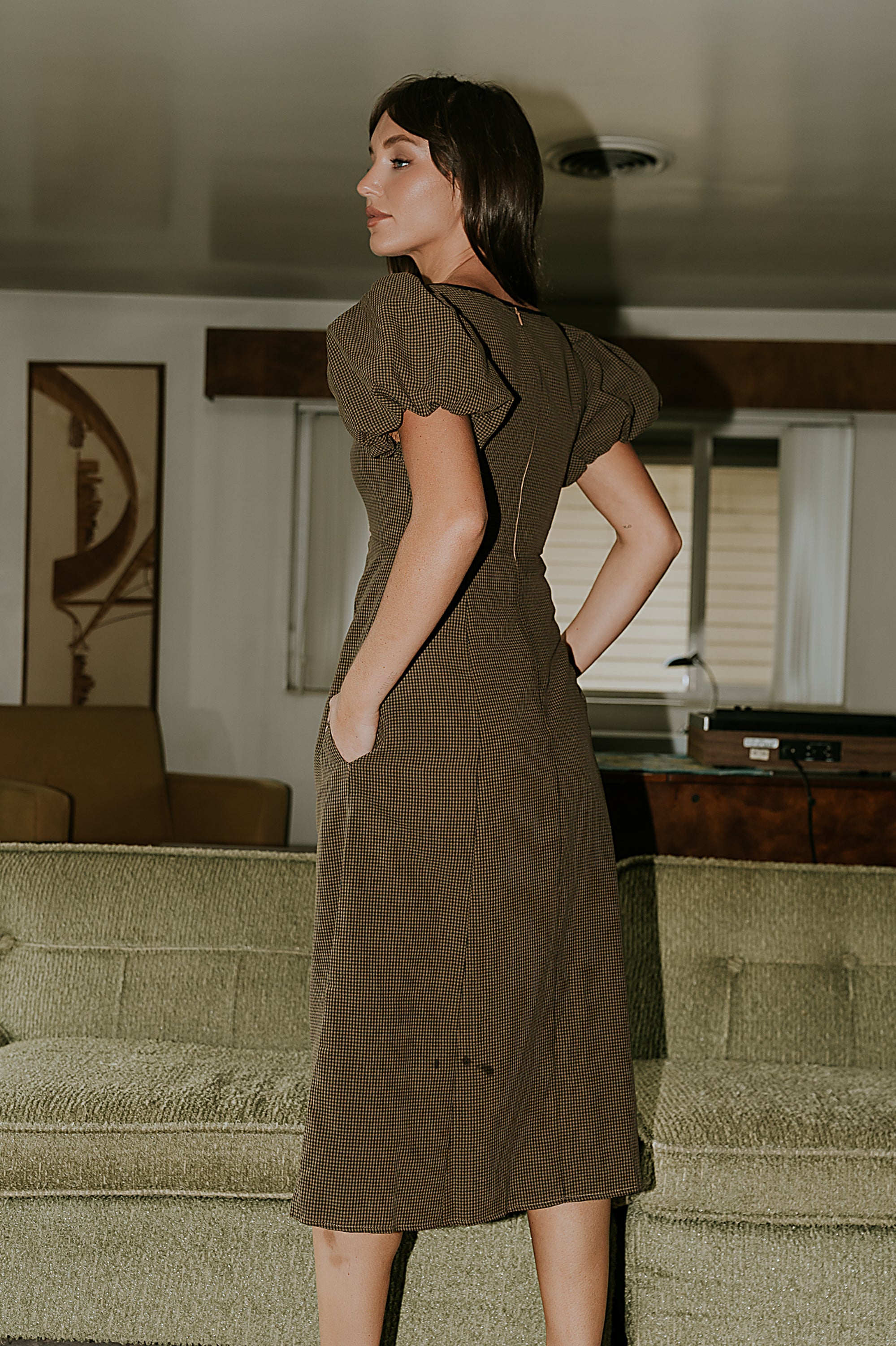 bohme brown dress Elle Gingham Midi Dress in Brown