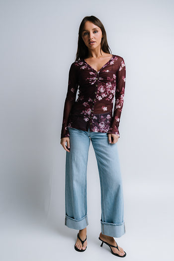 Sammy Floral Mesh Top in Wine - FINAL SALE