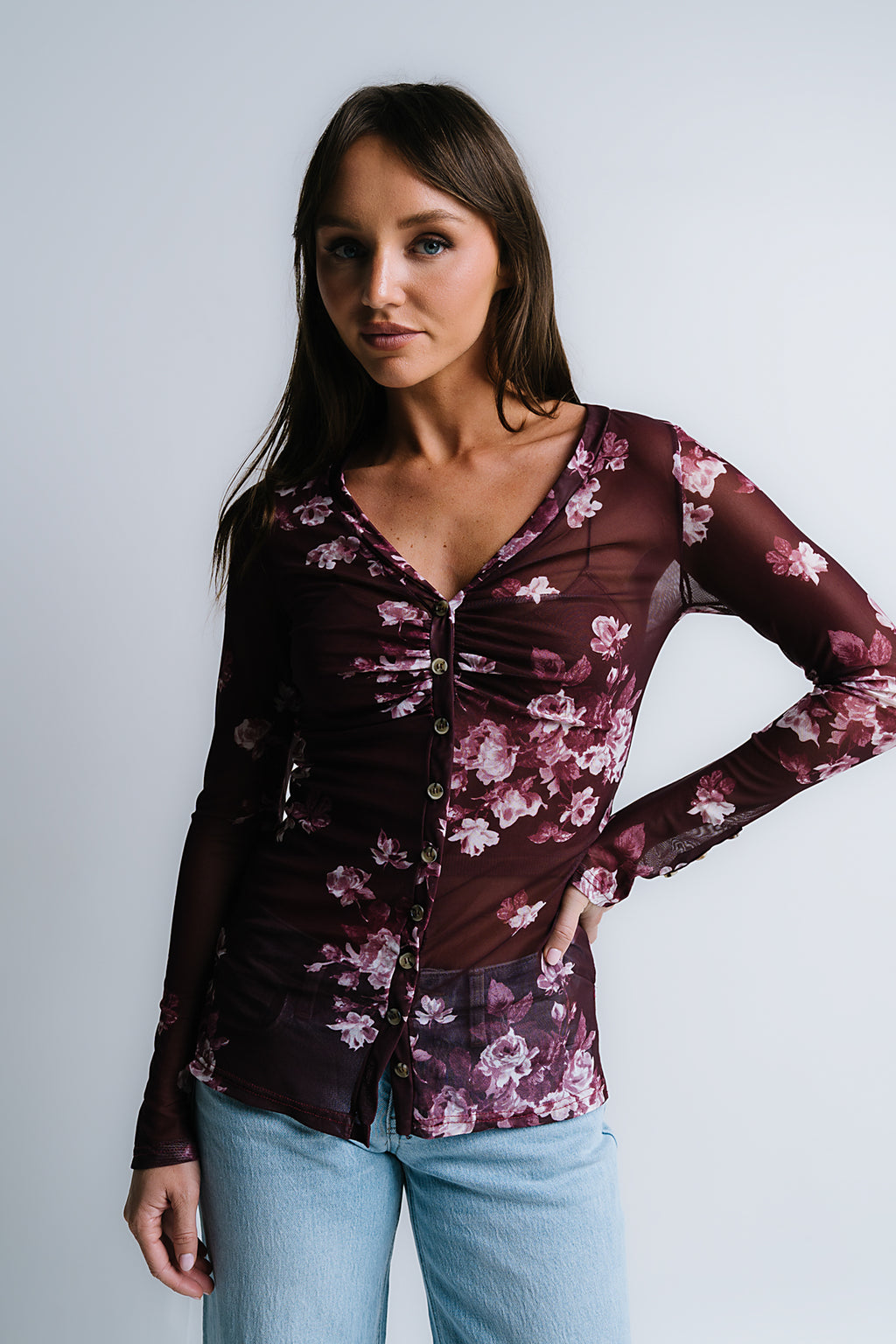 Sammy Floral Mesh Top in Wine - FINAL SALE
