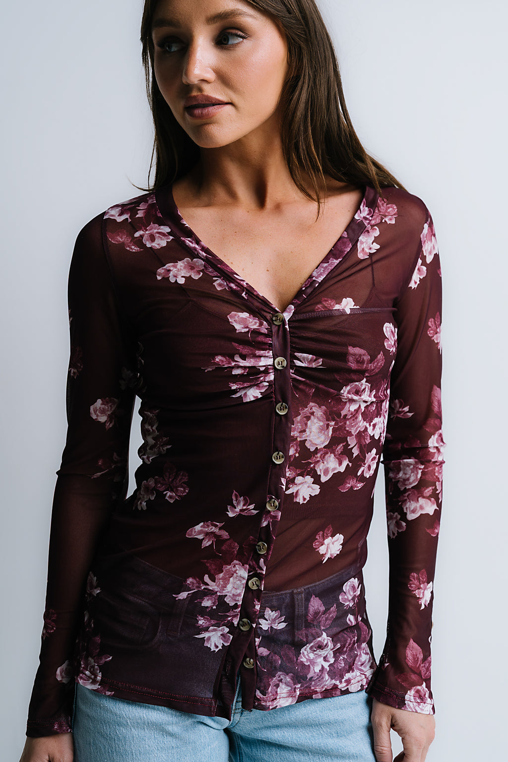 Sammy Floral Mesh Top in Wine - FINAL SALE