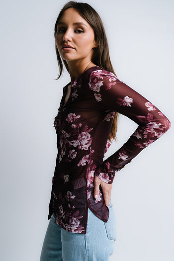 Sammy Floral Mesh Top in Wine - FINAL SALE