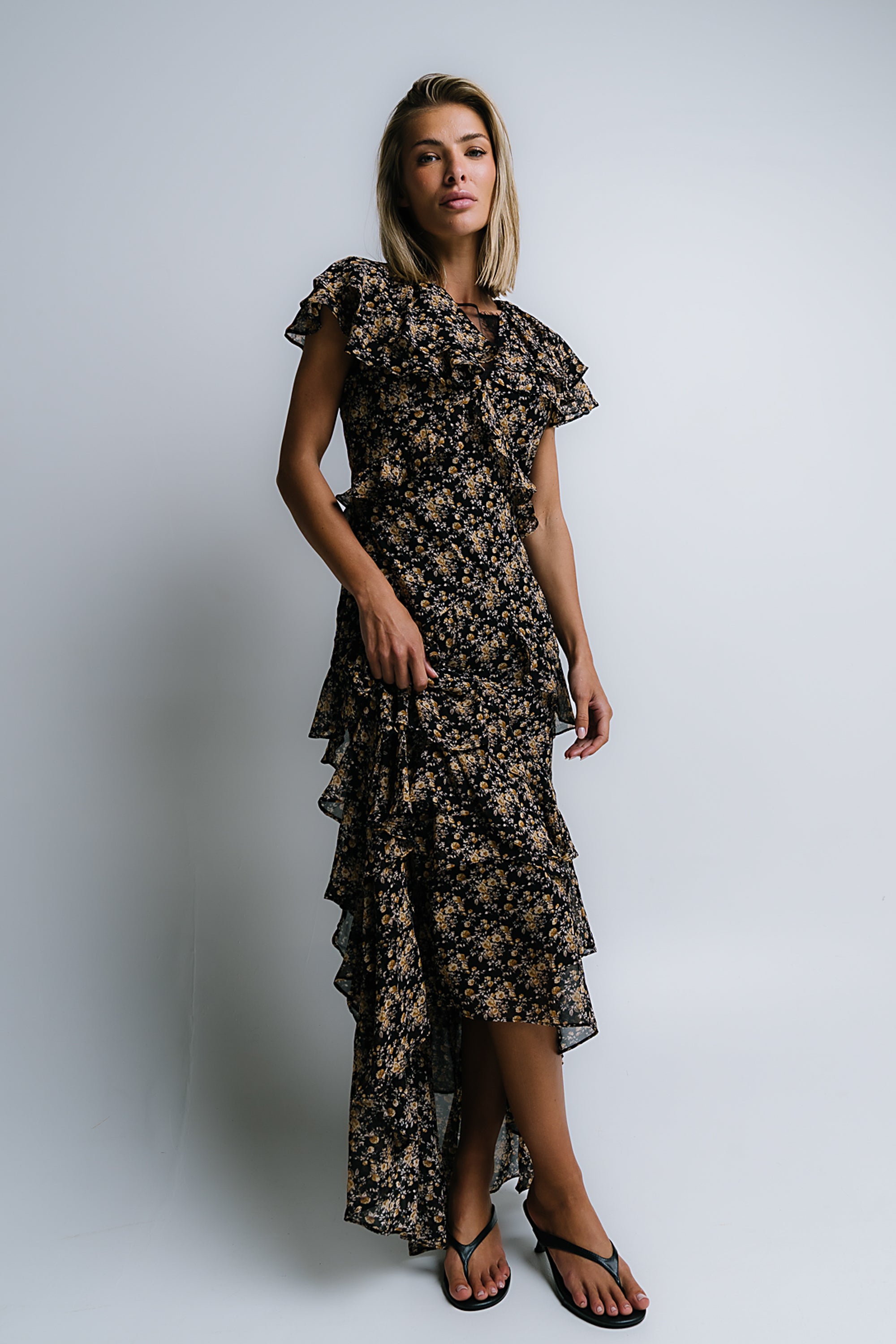James Ruffle Maxi Dress in Black