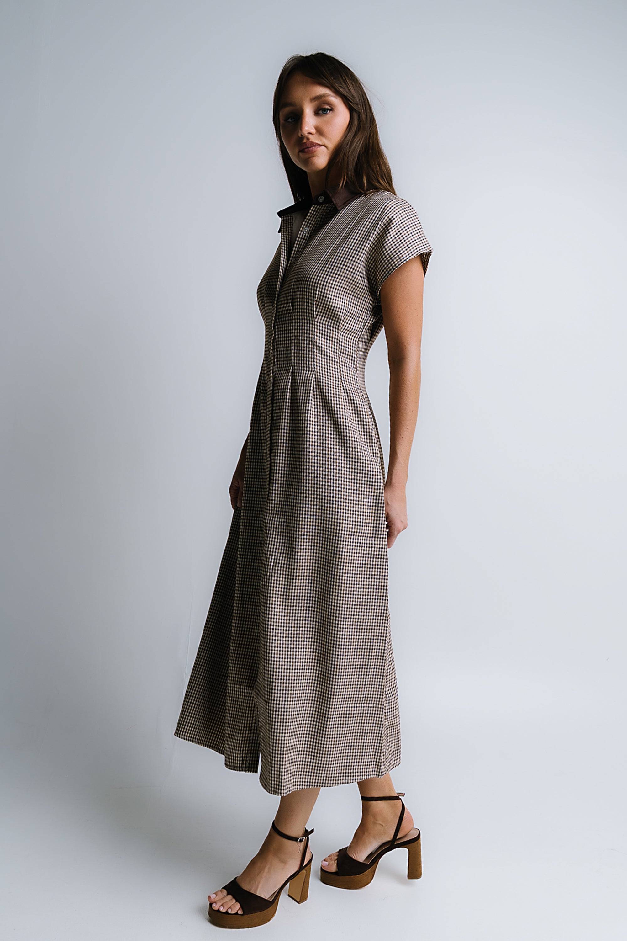 houndstooth maxi dress Houndstooth Print with Belt Cold Shoulder Long Sleeve Midi Maxi Shirt Dress Ivory Orange / S-M-L/2-2-2