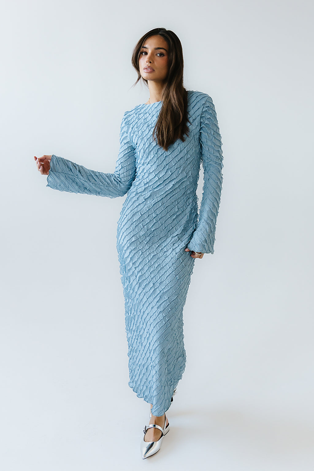 blue ruffle maxi dress Santiago Cut-Out Ice 4 layered at the skirt part Bell Ruffle Maxi Dress in