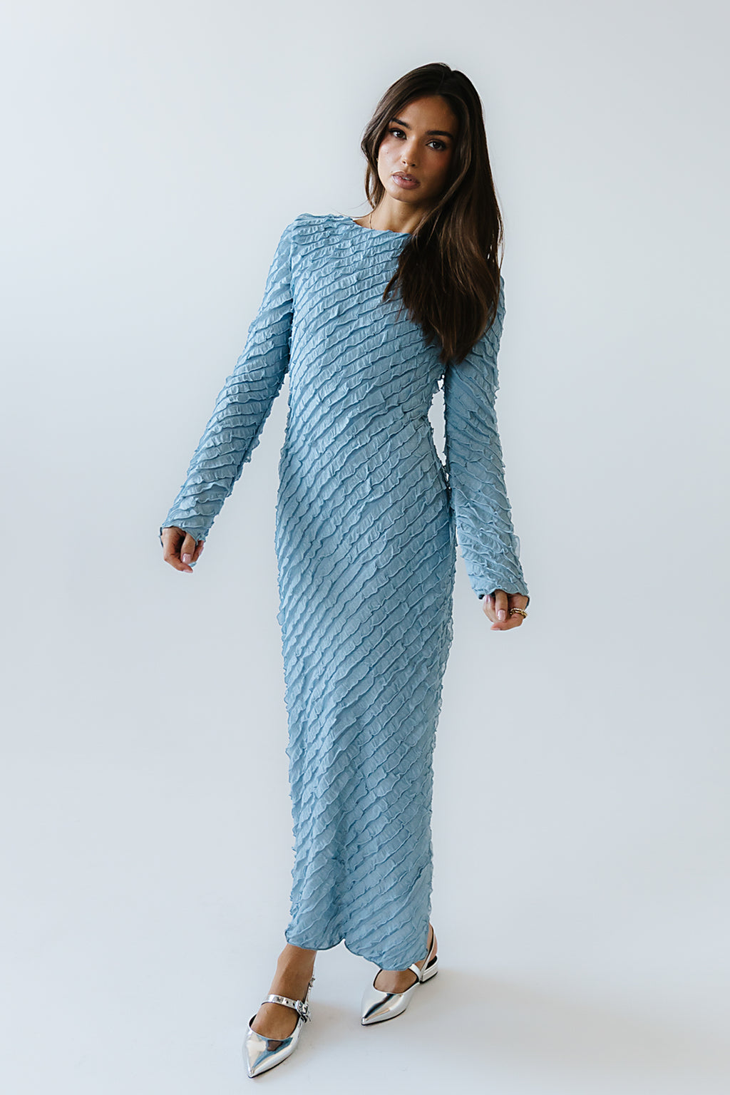 Bell Ruffle Maxi Dress in Blue