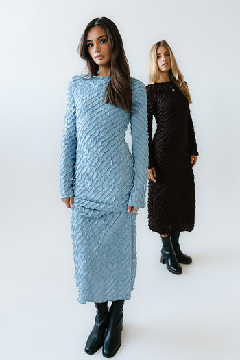 Bell Ruffle Maxi Dress in Blue