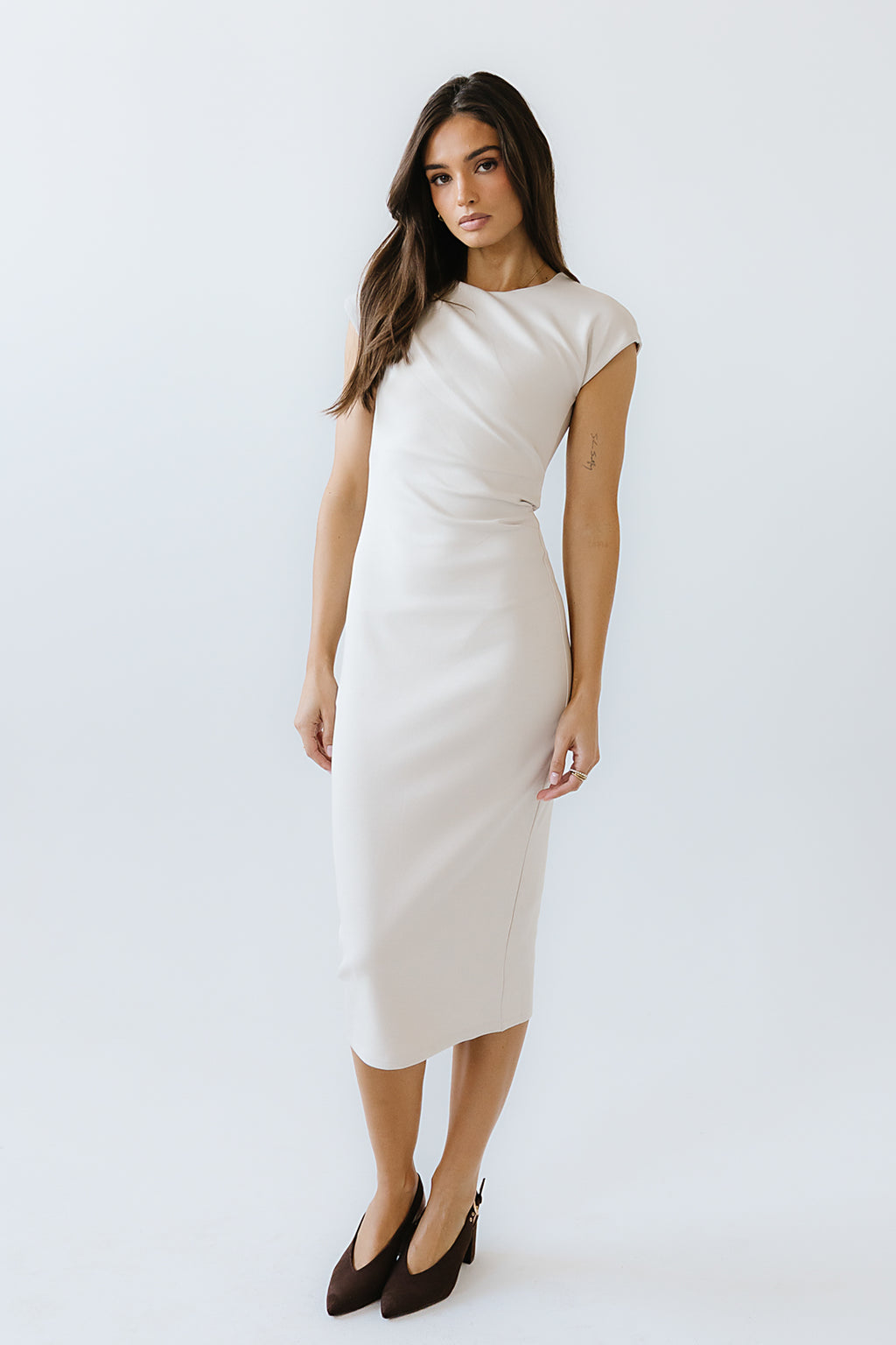 fitted lace wedding dress Shop The Skyla Shirred White Midi Dress main image 0