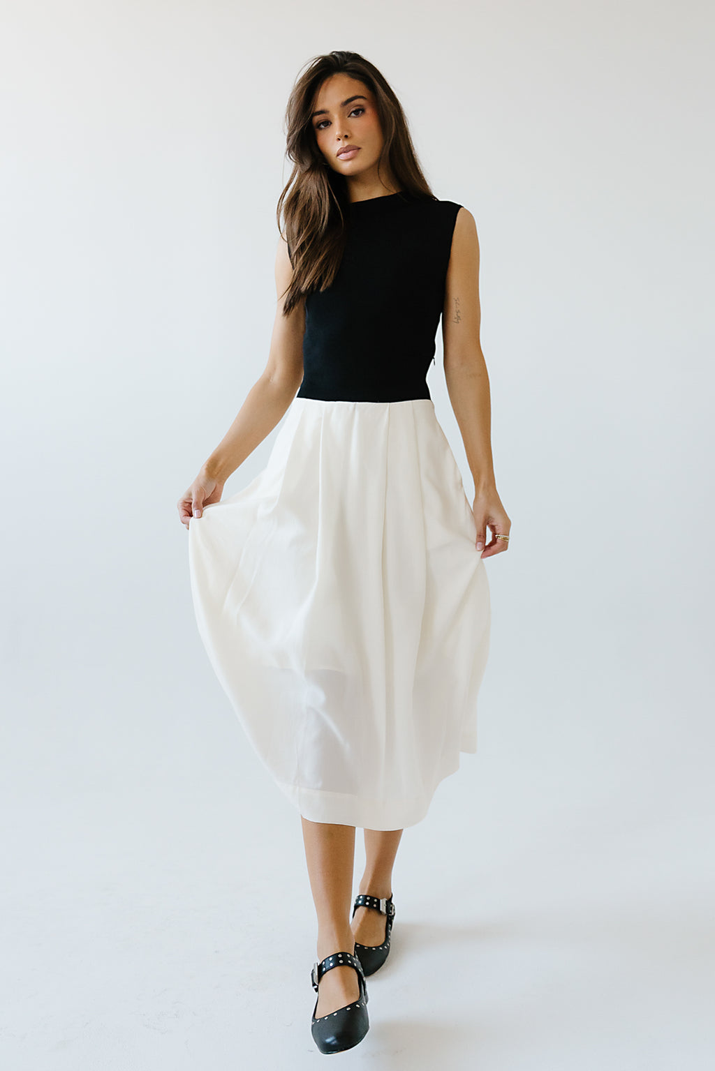 Tristan Mixed Media Midi Dress in Ivory
