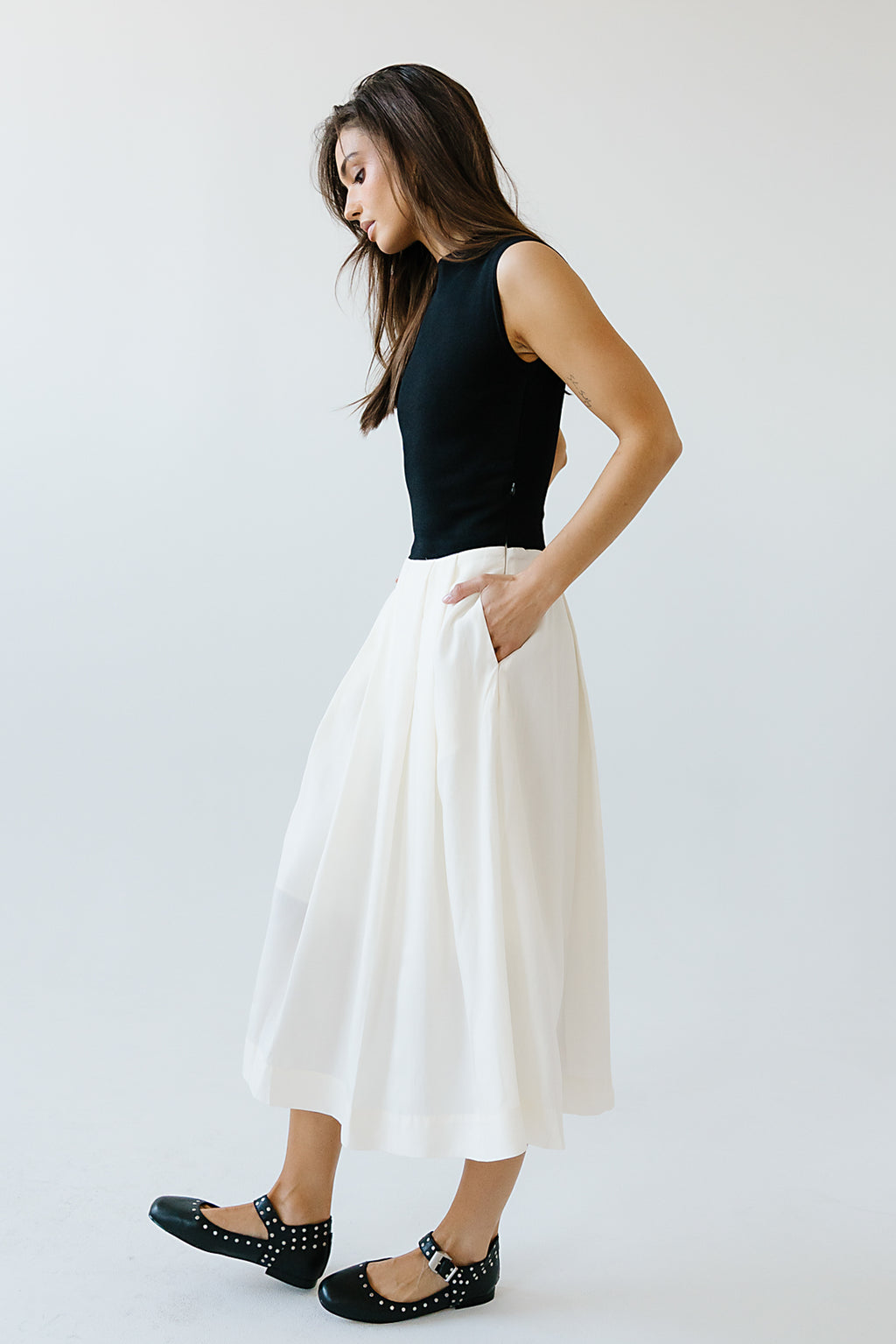 Tristan Mixed Media Midi Dress in Ivory