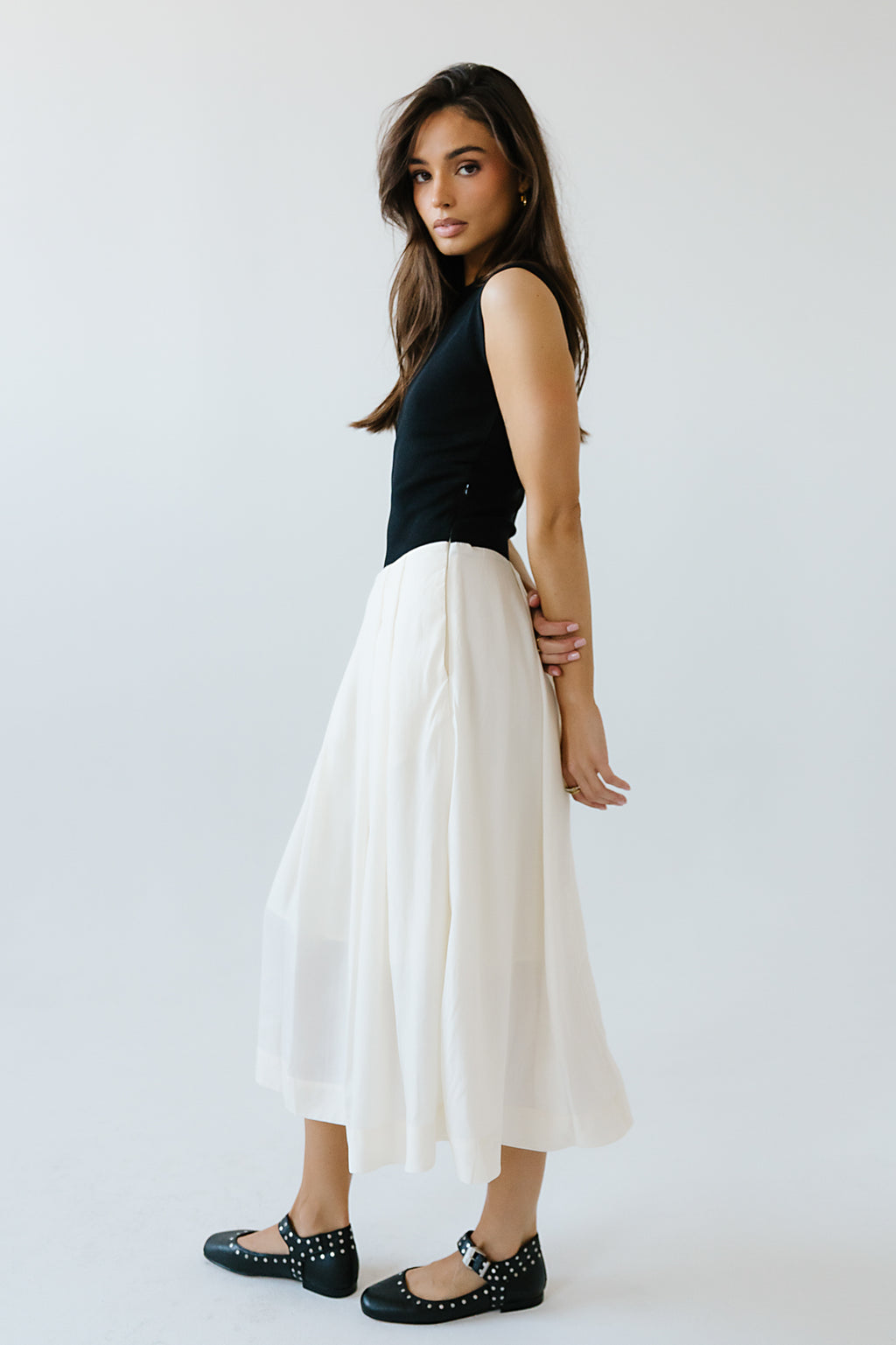 Tristan Mixed Media Midi Dress in Ivory