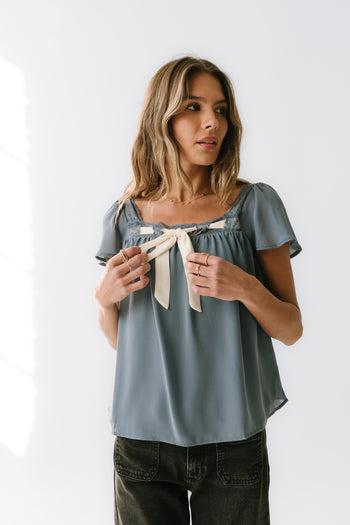 Gianna Lace Trim Blouse in Blue - FINAL SALE