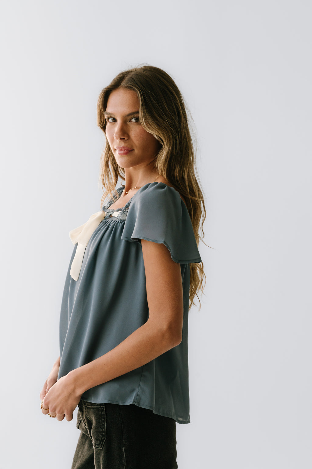 Gianna Lace Trim Blouse in Blue - FINAL SALE
