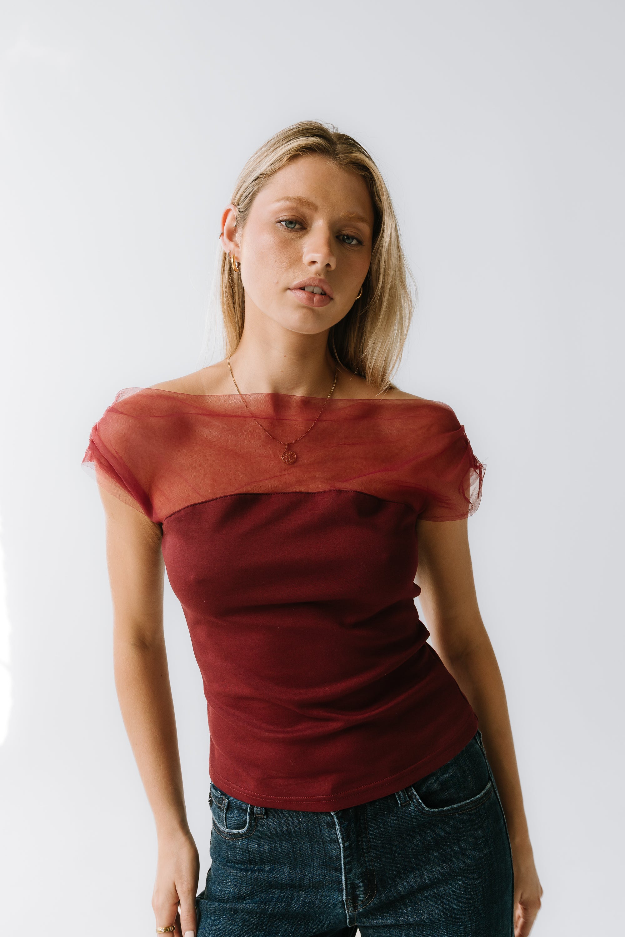 Tracy Mixed Media Top in Burgundy
