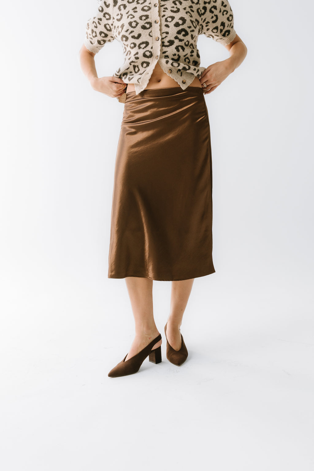 Juniper Satin Midi Skirt in Brown