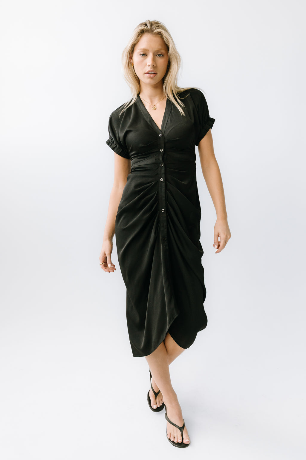 Opie Satin Midi Dress in Black