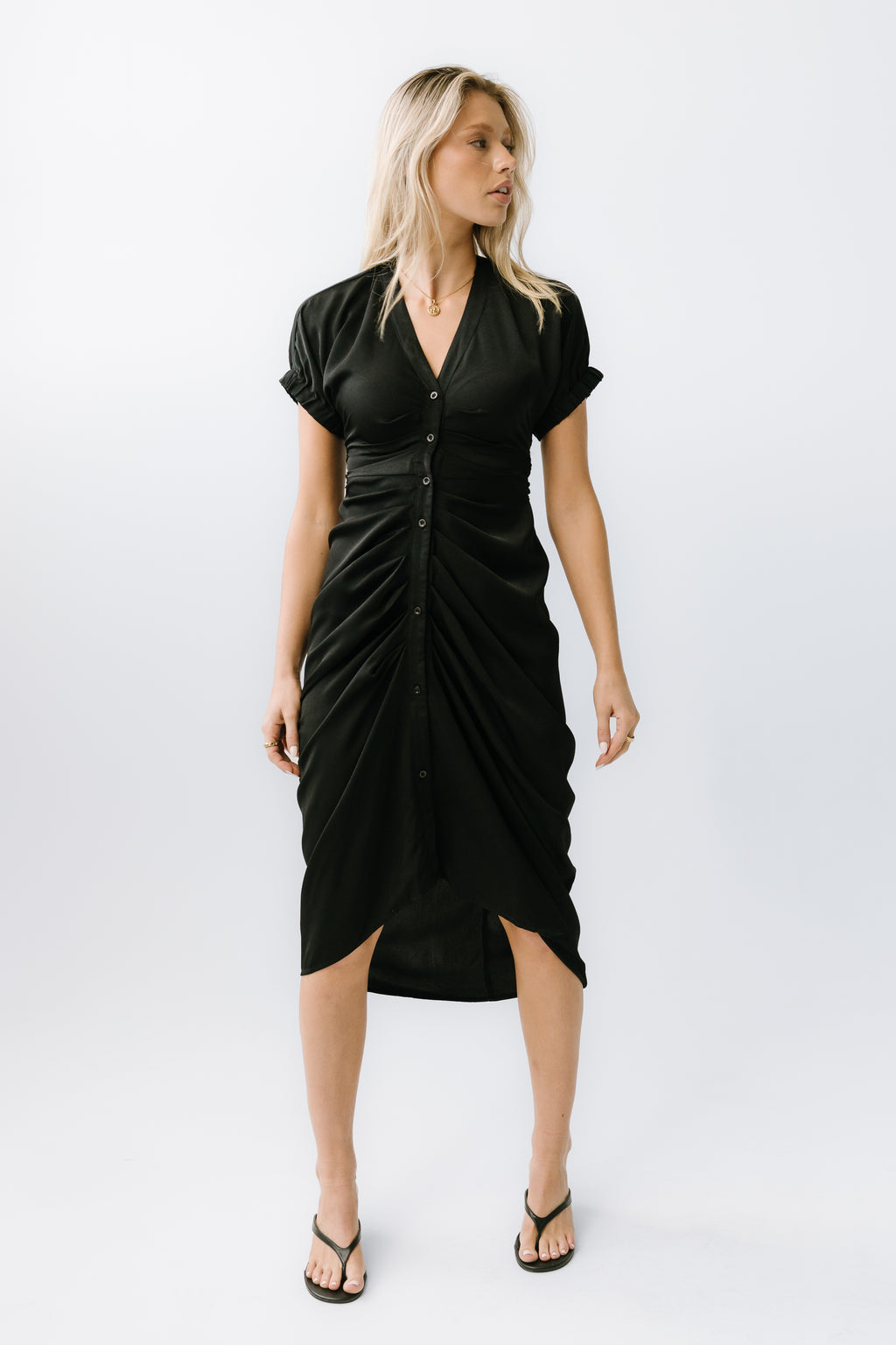 Opie Satin Midi Dress in Black