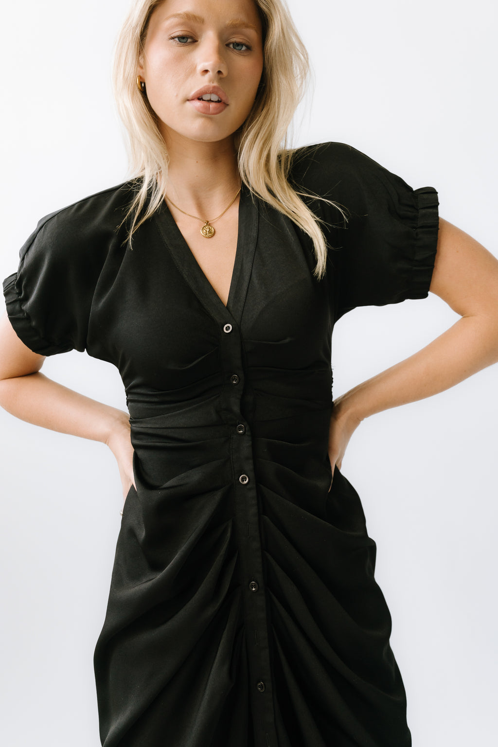 Opie Satin Midi Dress in Black