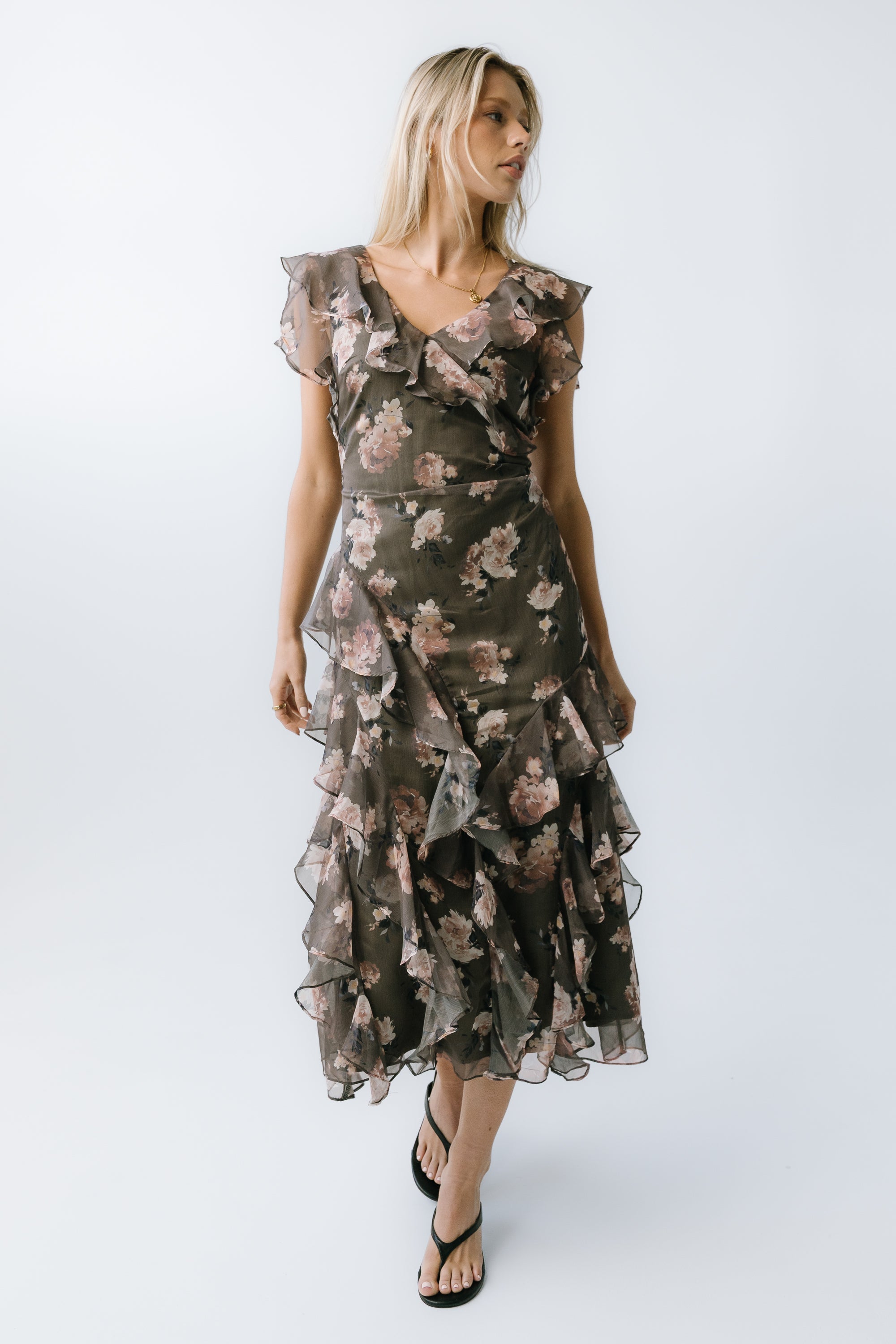 bhme Kensie Ruffle Maxi Dress in Olive - Size Small, Non Stretch Material