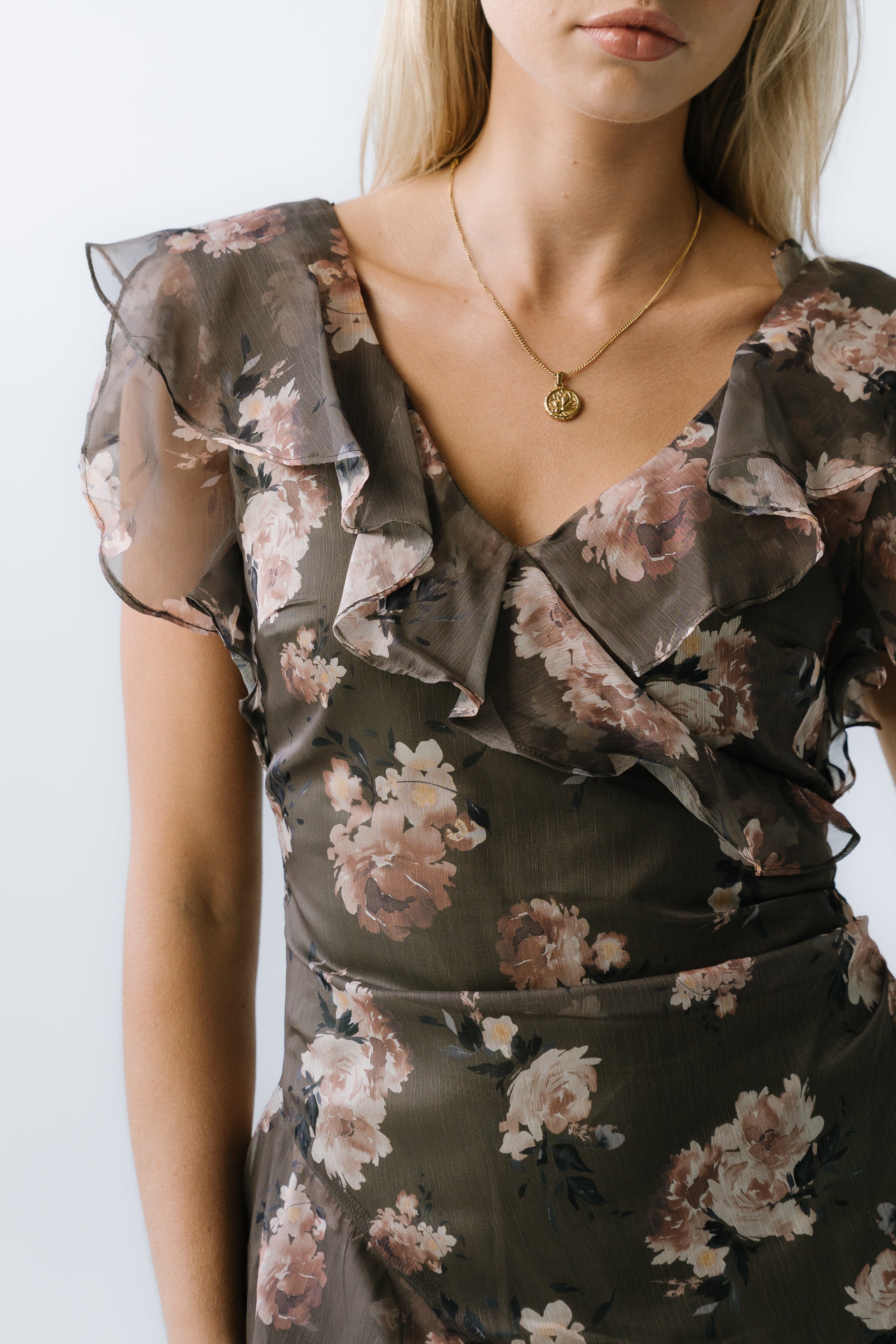 slim fit dress slacks böhme Kensie Ruffle Maxi Dress in Olive