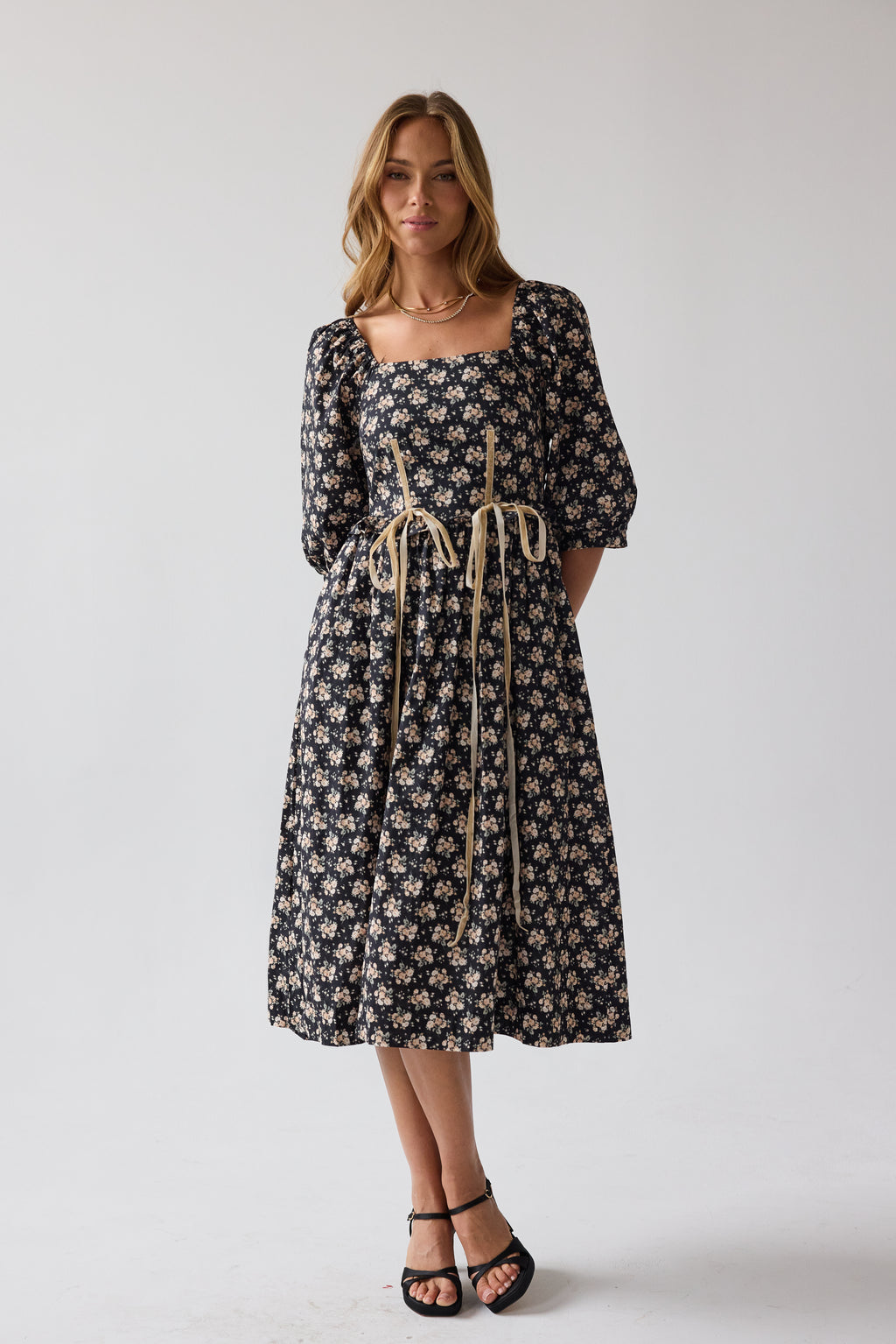 Gloria Floral Midi Dress in Black - FINAL SALE