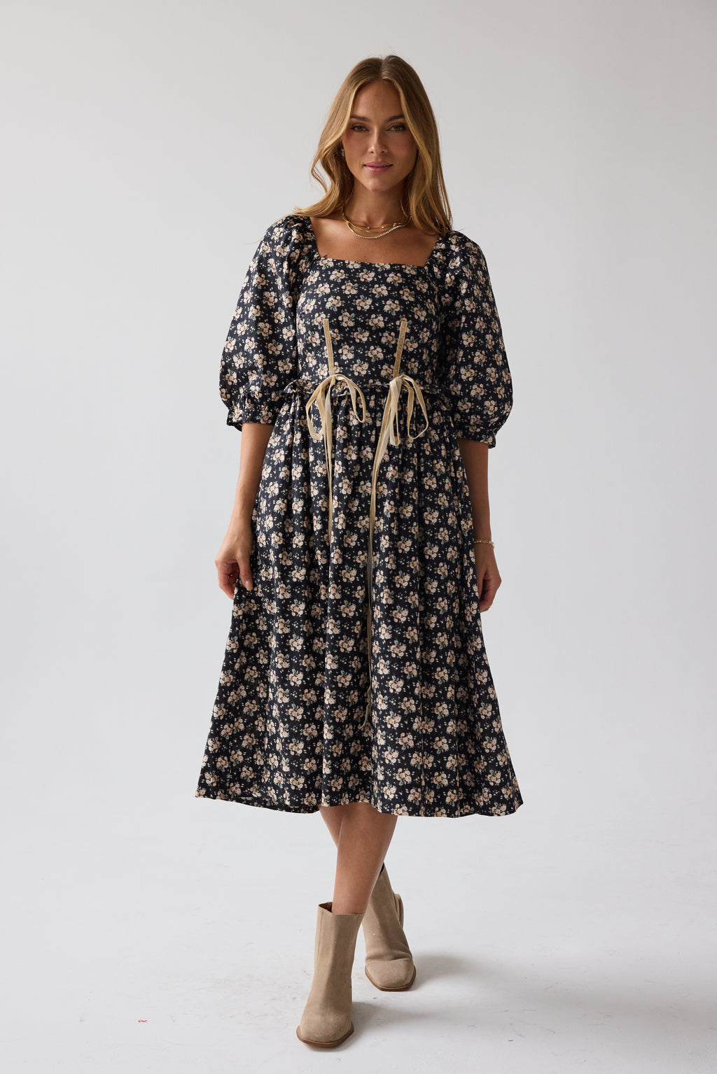Gloria Floral Midi Dress in Black - FINAL SALE