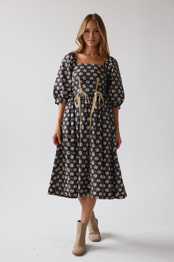 Gloria Floral Midi Dress in Black - FINAL SALE