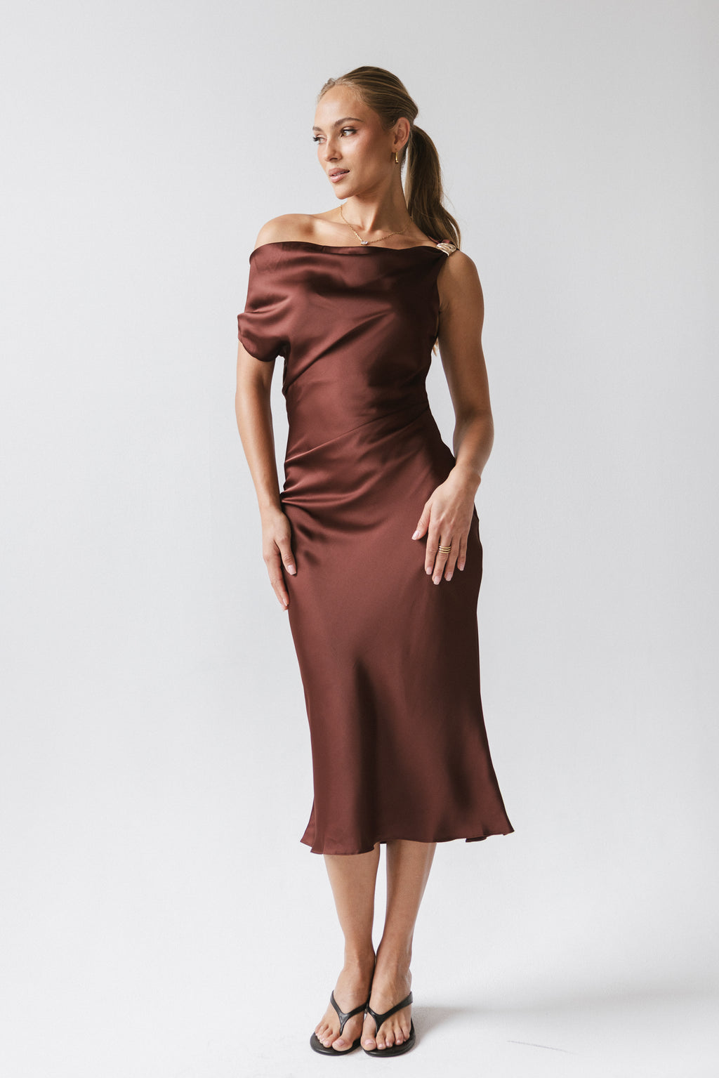 böhme Marcella Satin Midi Dress in Brown