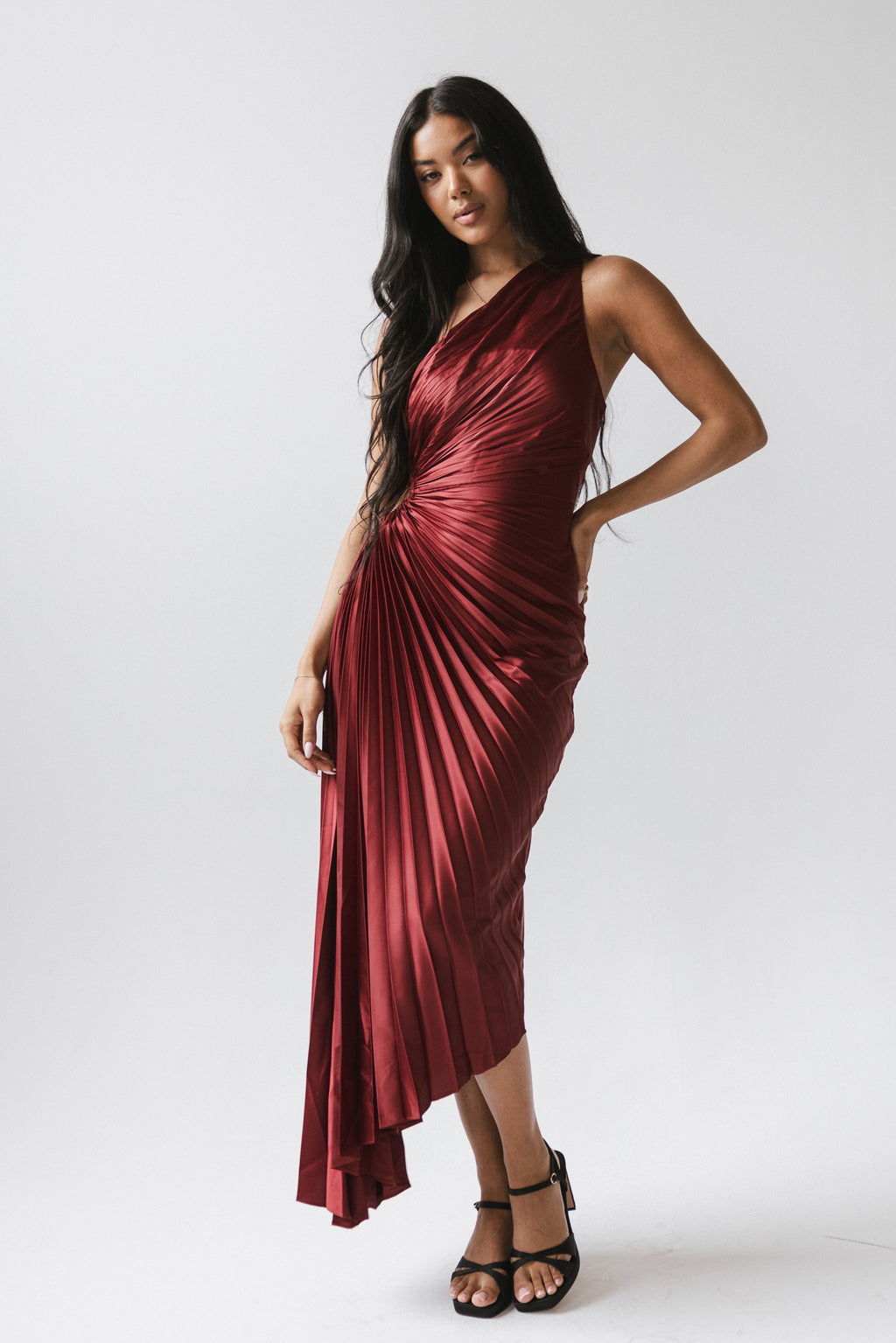 Asymmetrical Pleated Maxi Dress in Wine