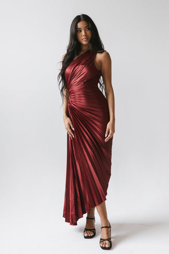 Asymmetrical Pleated Maxi Dress in Wine