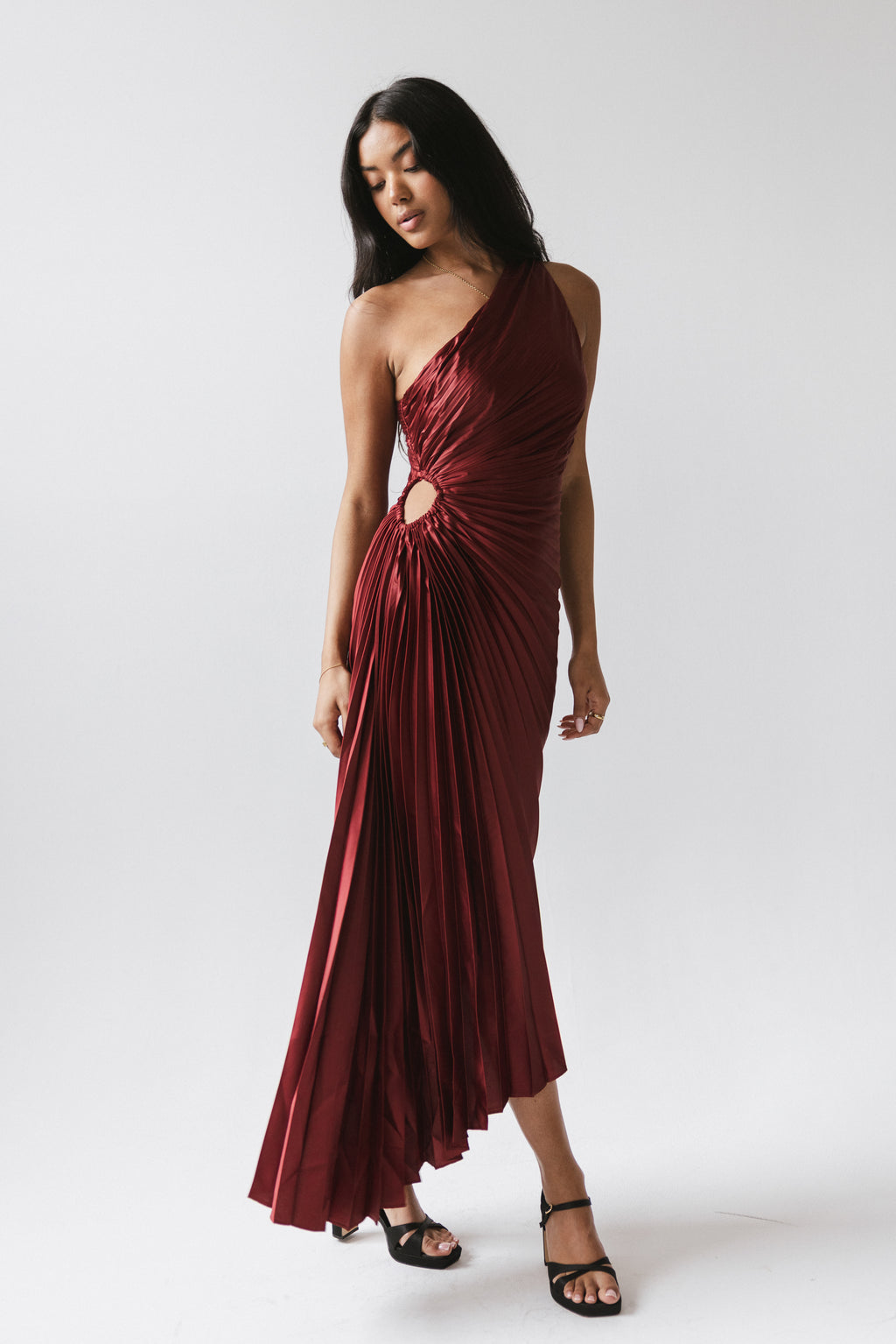 Asymmetrical Pleated Maxi Dress in Wine