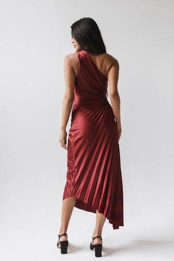 Asymmetrical Pleated Maxi Dress in Wine