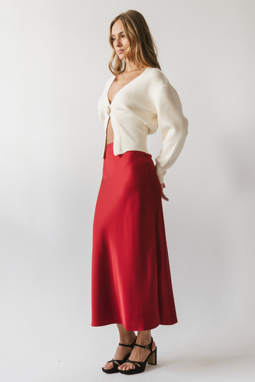 Tory Satin Maxi Skirt in Red-Brown