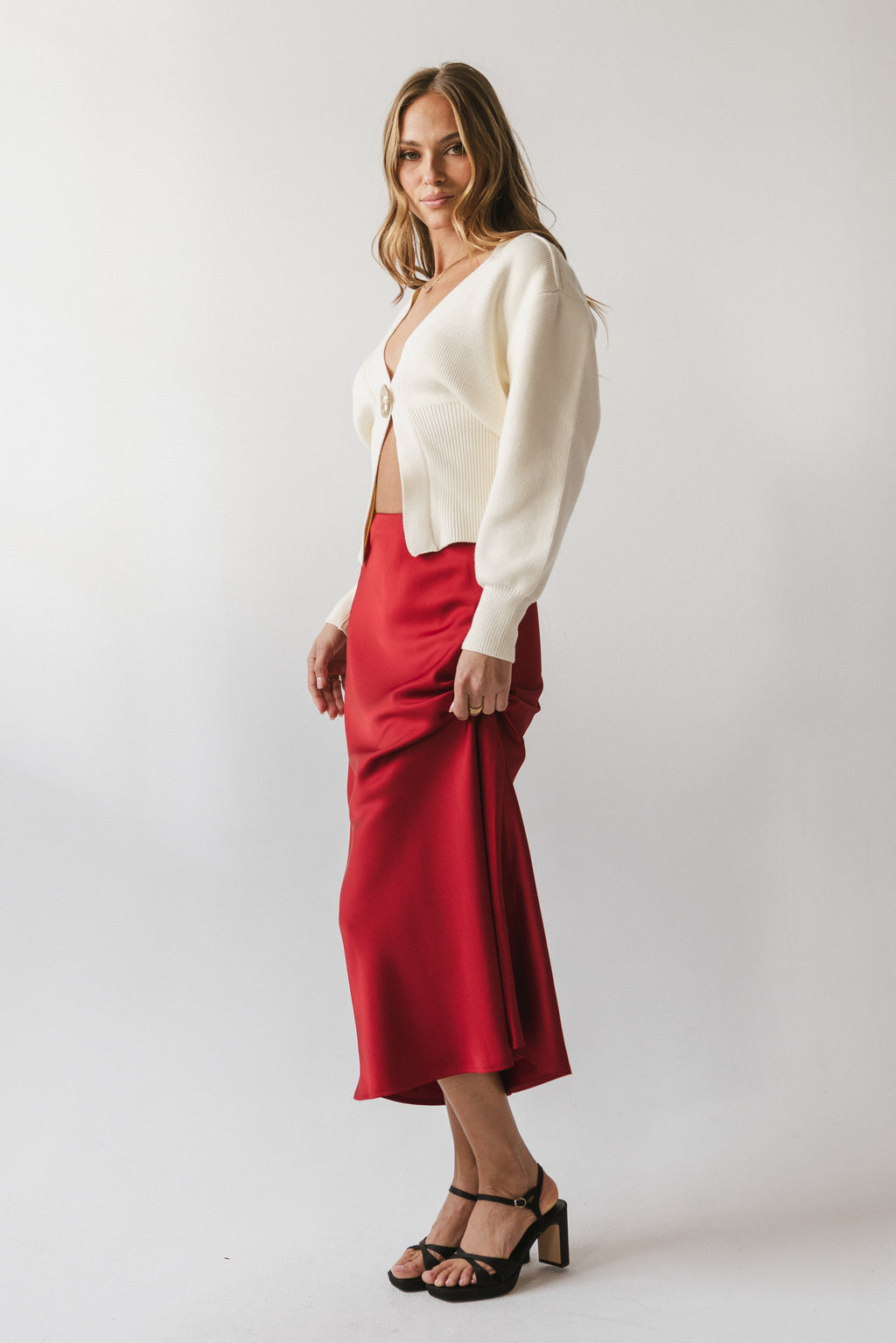 Tory Satin Maxi Skirt in Red-Brown