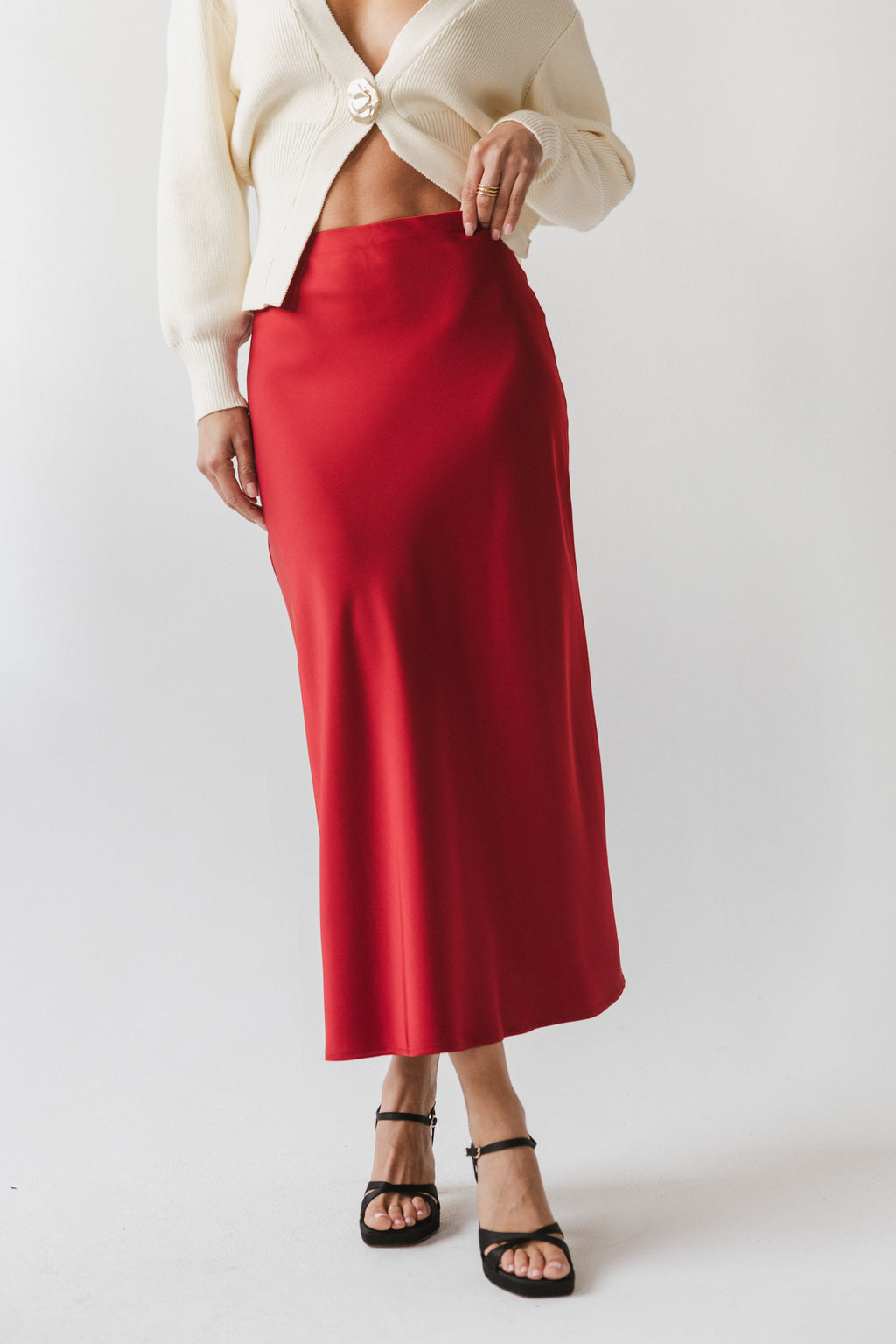 Tory Satin Maxi Skirt in Red-Brown