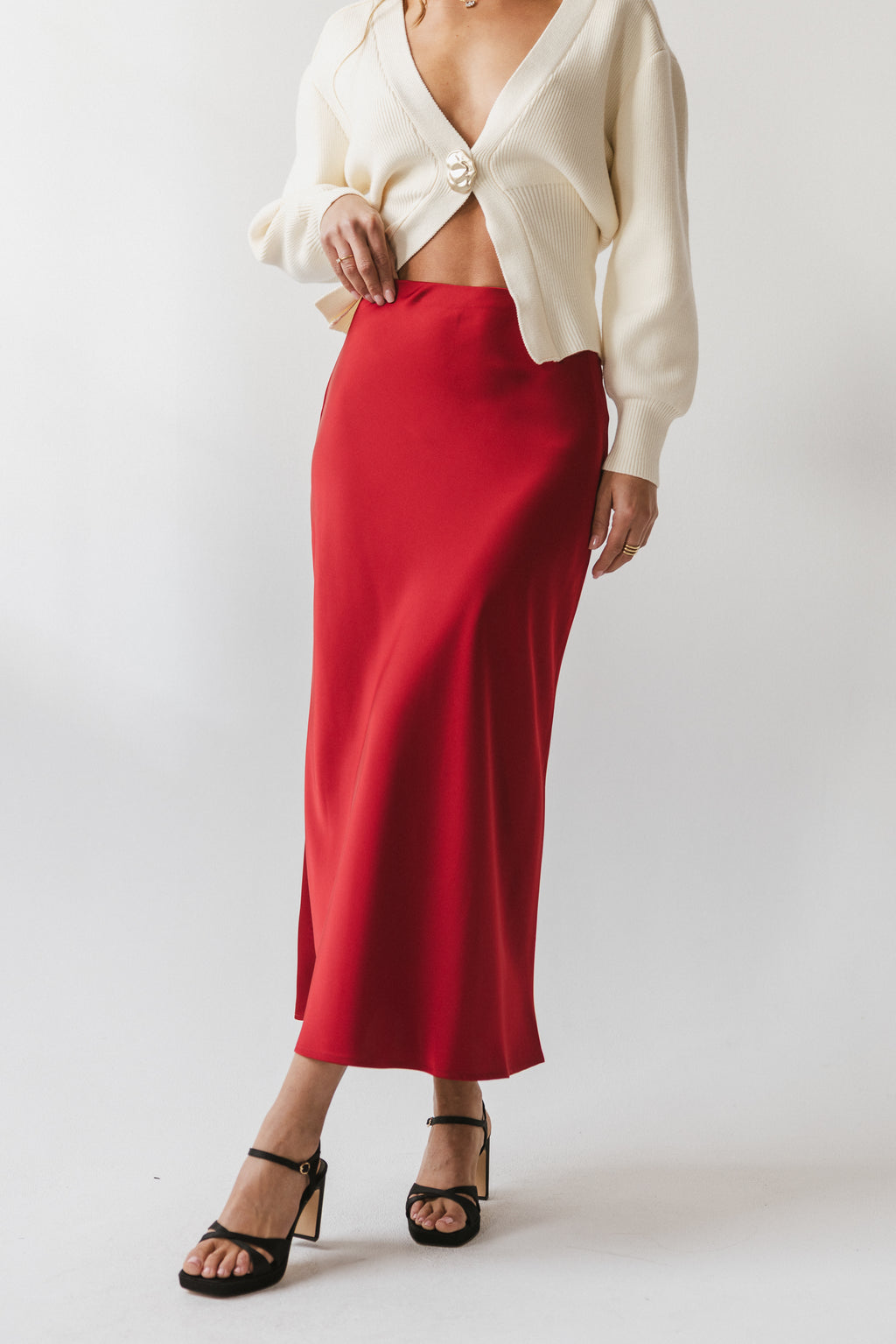 Tory Satin Maxi Skirt in Red-Brown