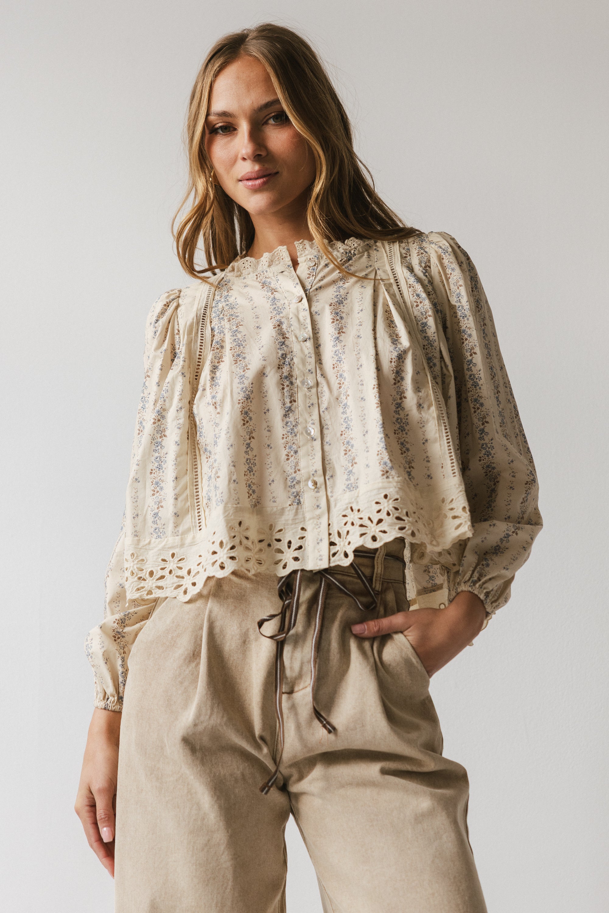 Jerzey Floral Peplum Blouse in Ecru