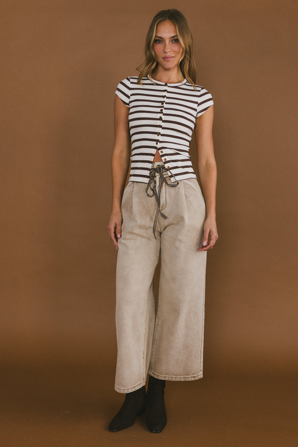 Vestia Striped Button Up Tee in Brown - FINAL SALE