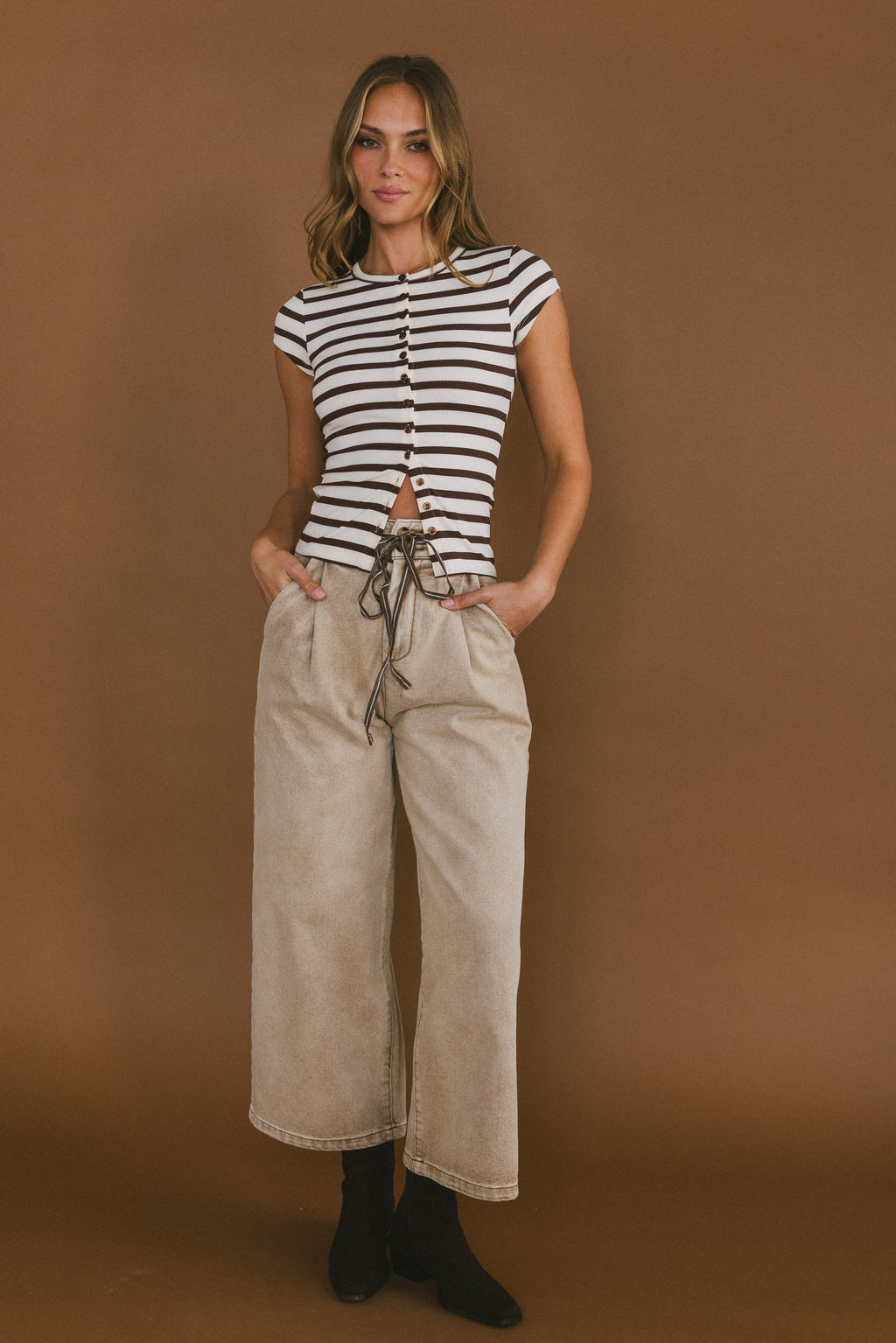 Vestia Striped Button Up Tee in Brown - FINAL SALE