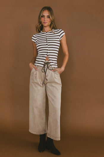 Vestia Striped Button Up Tee in Brown - FINAL SALE