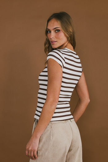 Vestia Striped Button Up Tee in Brown - FINAL SALE