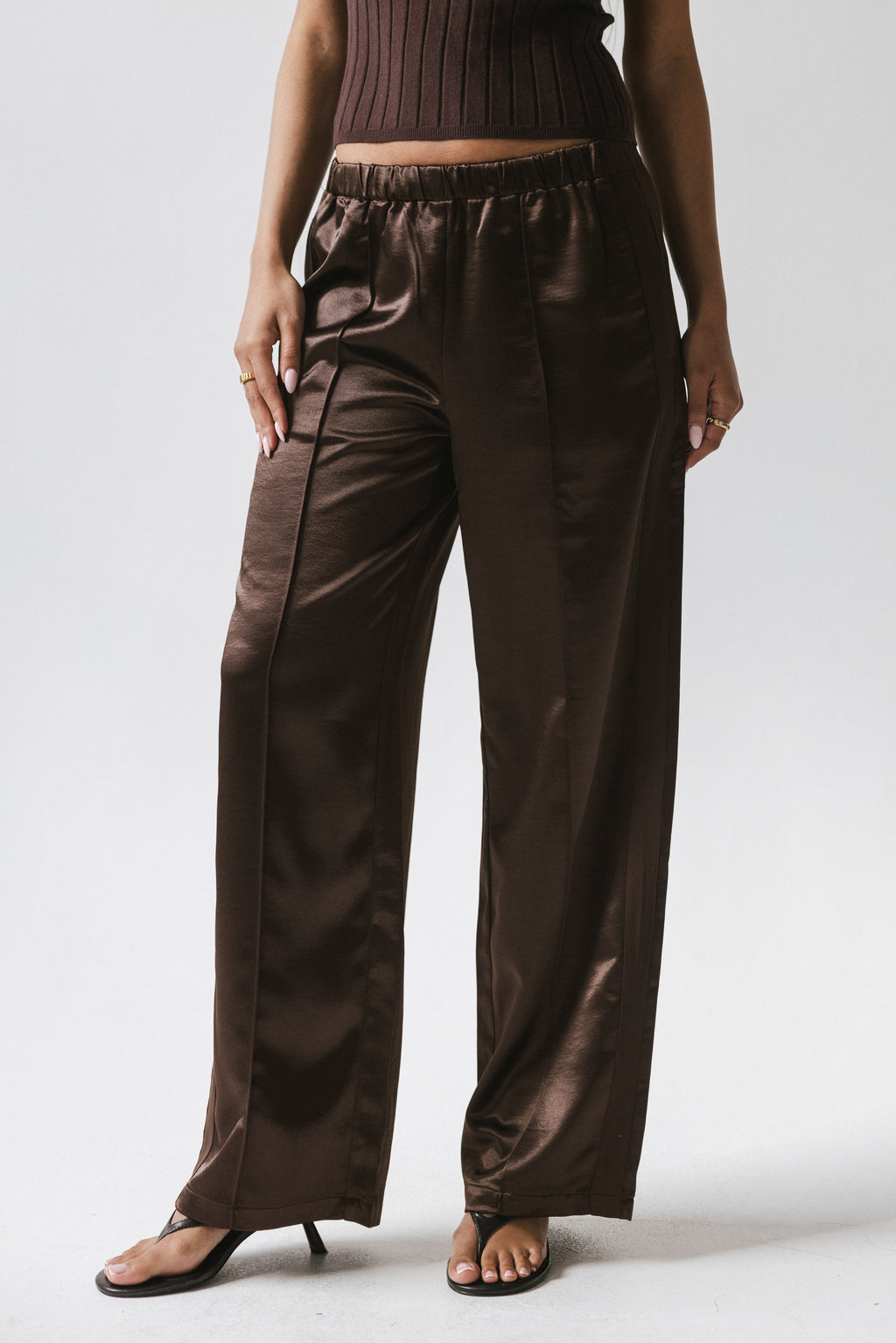 Gemma Satin Wide Leg Pants in Brown