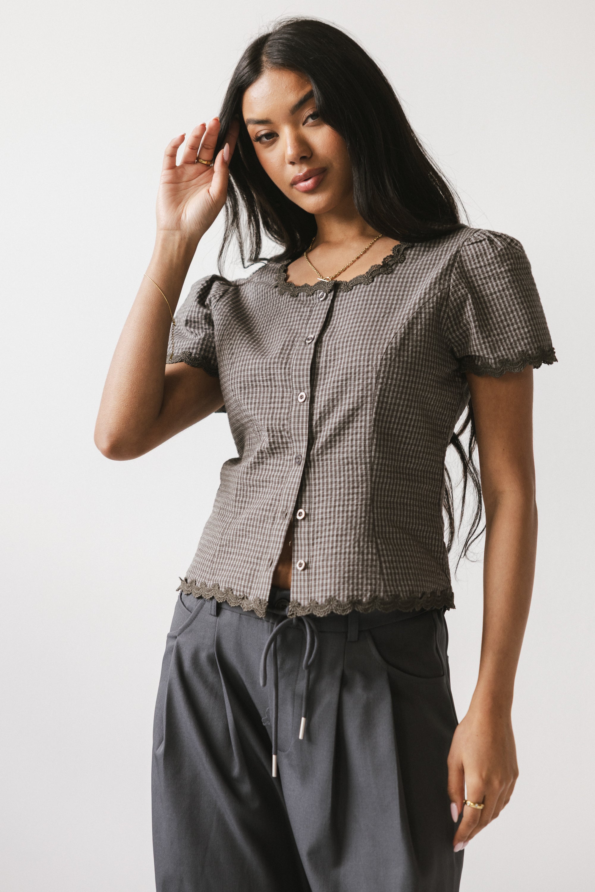 Serra Lace Trim Blouse in Charcoal - FINAL SALE