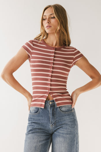 Vestia Striped Button Up Tee in Pink