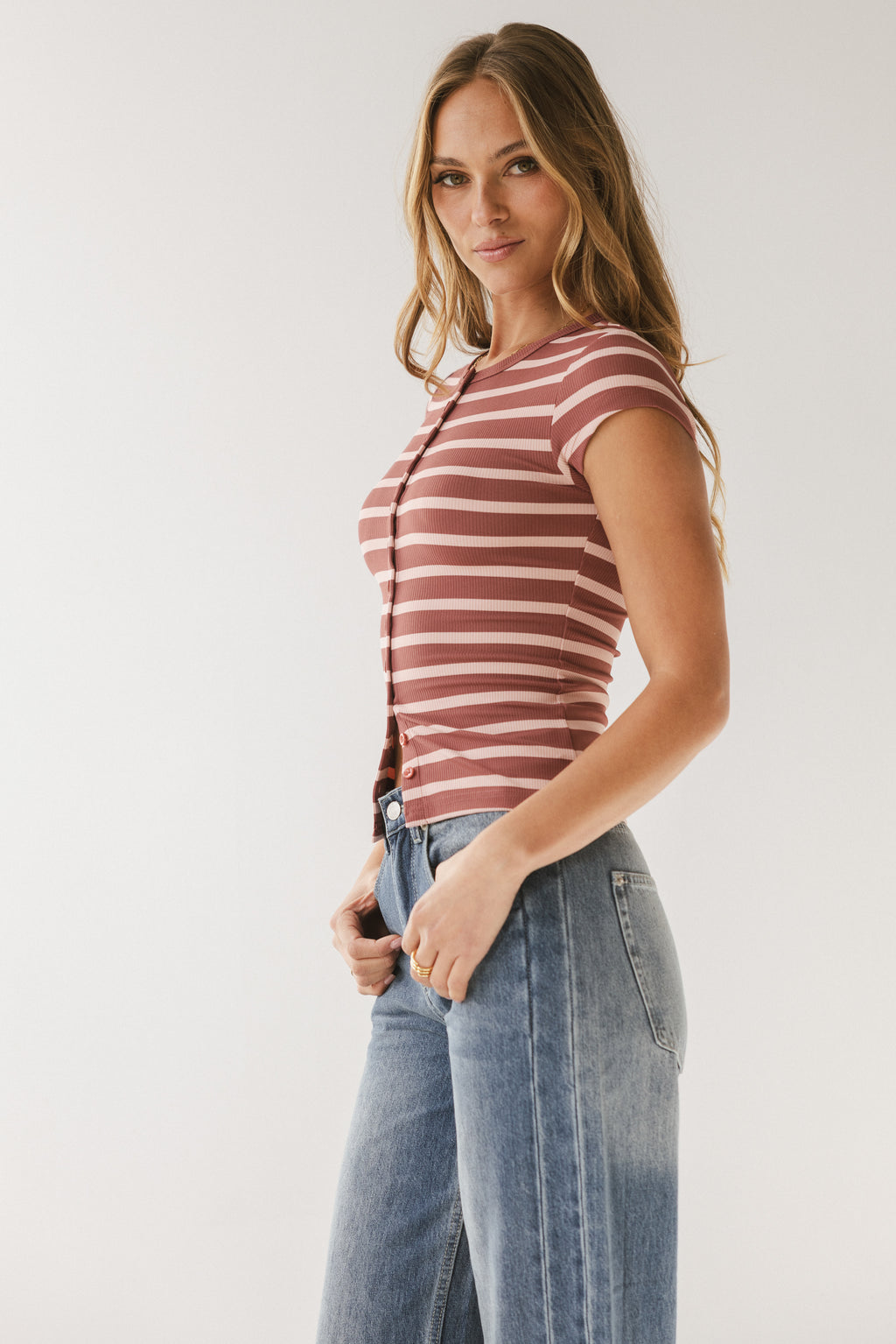 Vestia Striped Button Up Tee in Pink