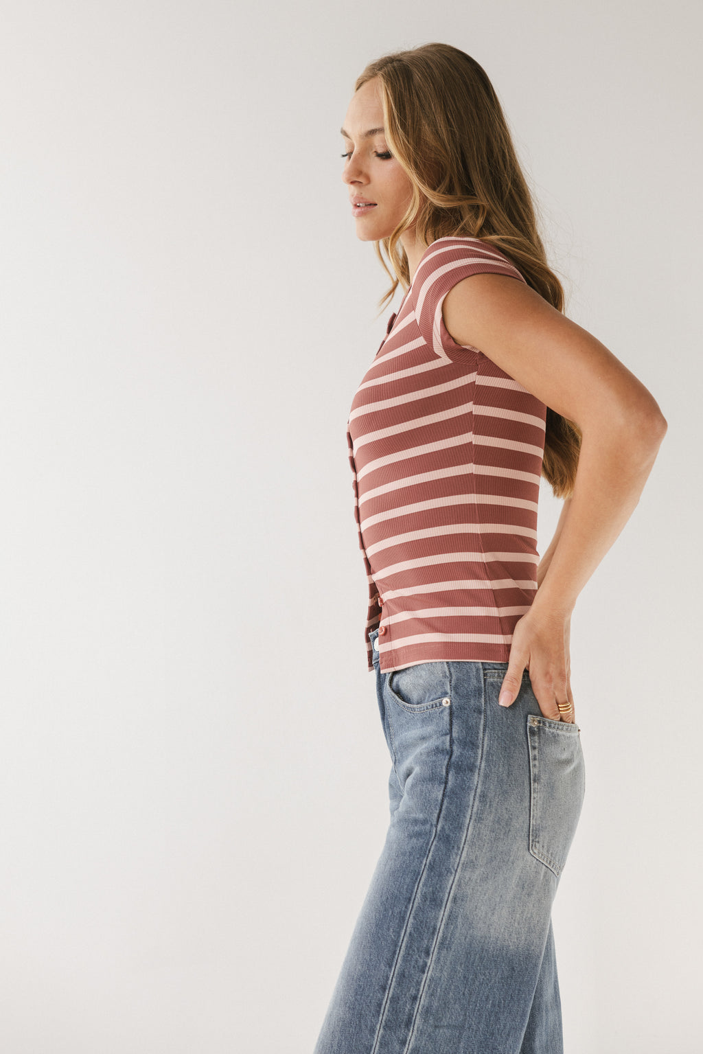 Vestia Striped Button Up Tee in Pink