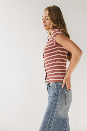 Vestia Striped Button Up Tee in Pink