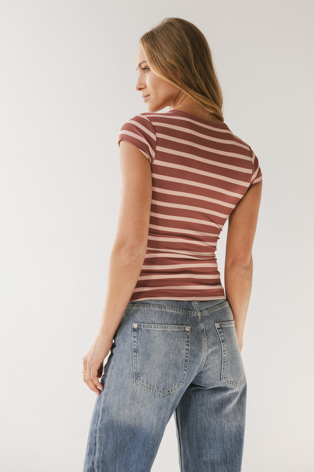 Vestia Striped Button Up Tee in Pink