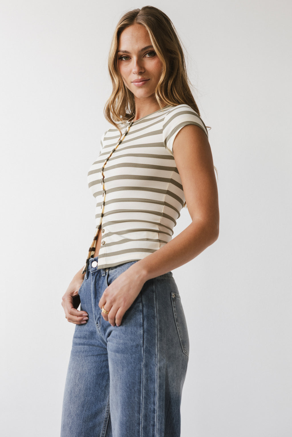 Vestia Striped Button Up Tee in Sage