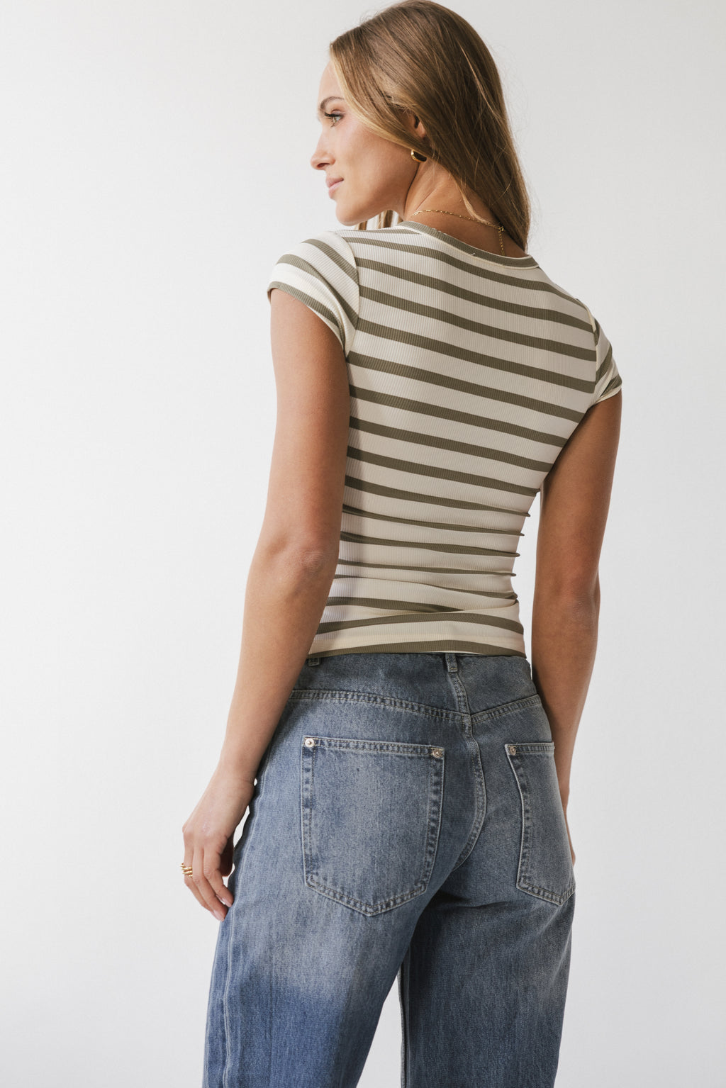 Vestia Striped Button Up Tee in Sage