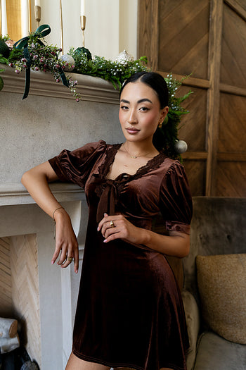 brown dress with lace detail